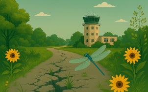 Aufgebrochener Weg in Richtung eines kleinen Flughafengebäudes mit Tower