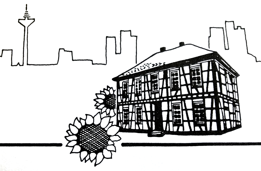 Zeichnung mit Frankfurter Skyline, altem Rathaus in Kalbach und Sonnenblume