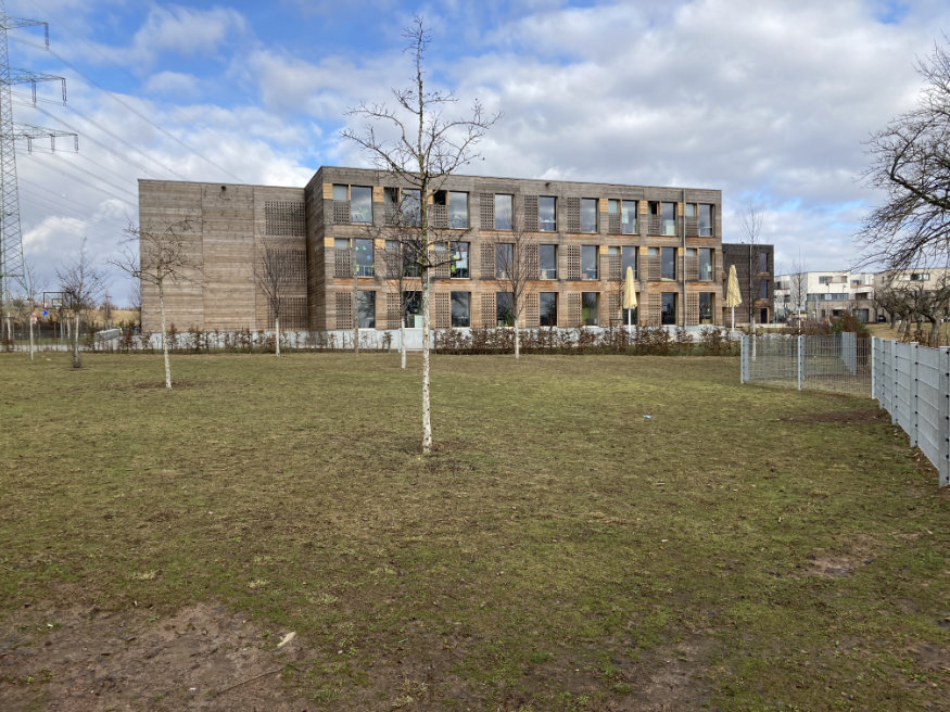 Ansicht der in Holz ausgeführten IGS Riedberg mit Grünfläche davor.