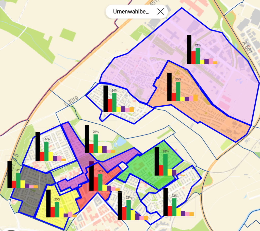 Darstellung der Stimmanteile pro Wahllokal im Ortsbezirk 12